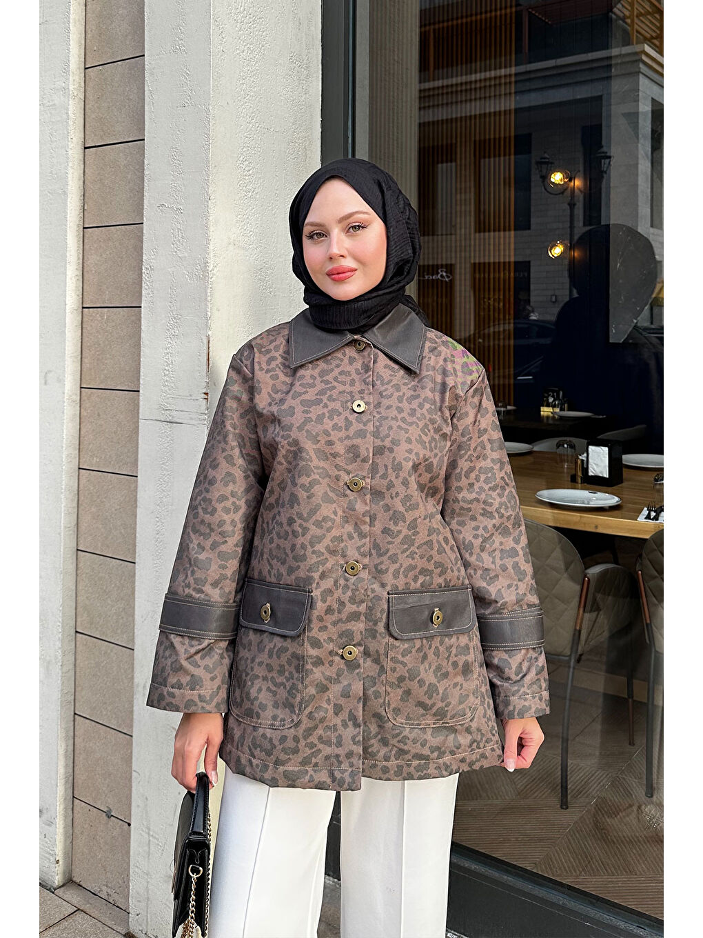 Kahverengi Kadın Kolları Apoletli Trenç Leopar-3