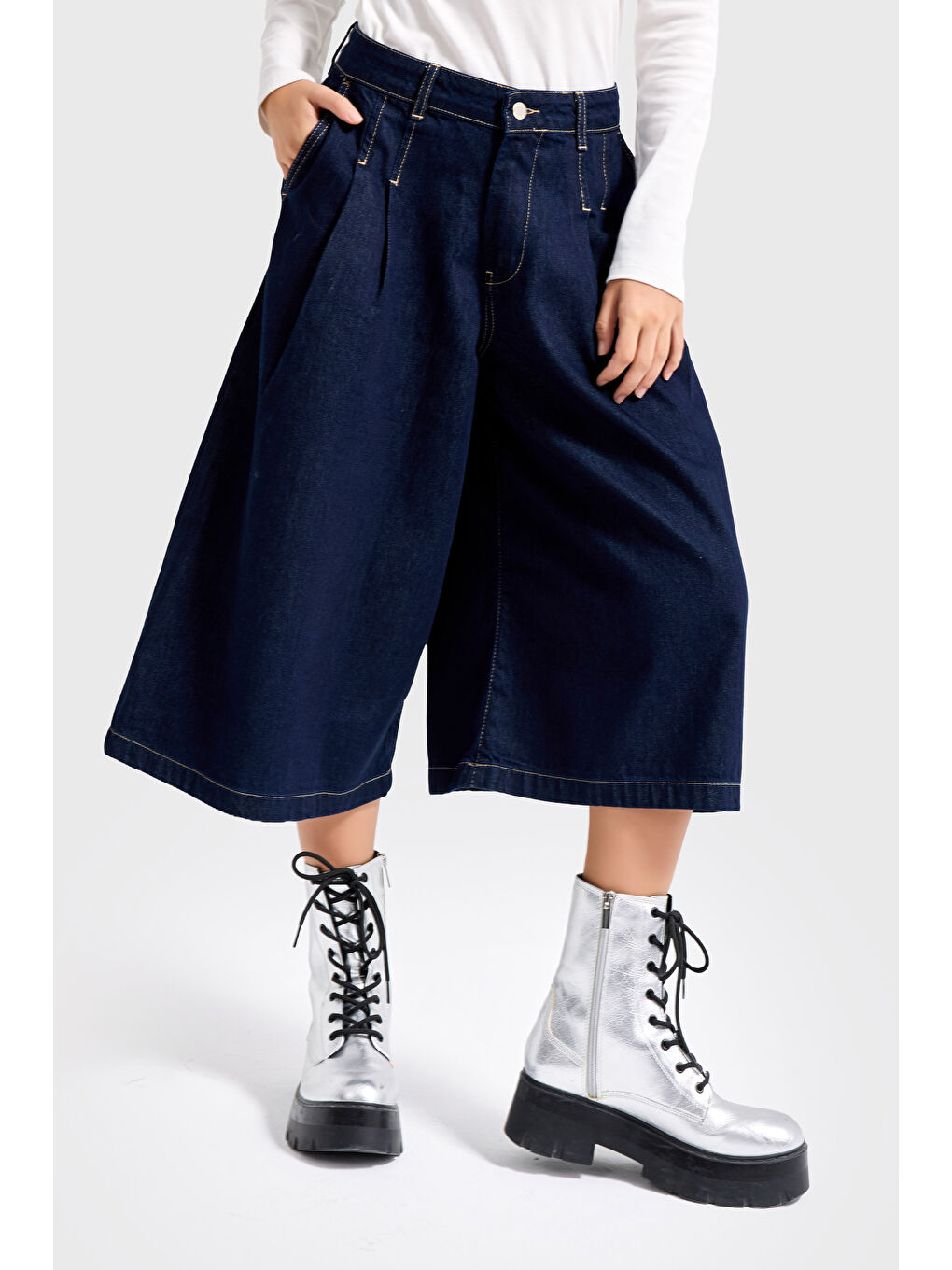 Kadın İndigo Renk 7s6-50 Baggy Fit Pileli Uzun Denim Bermuda Jean-2