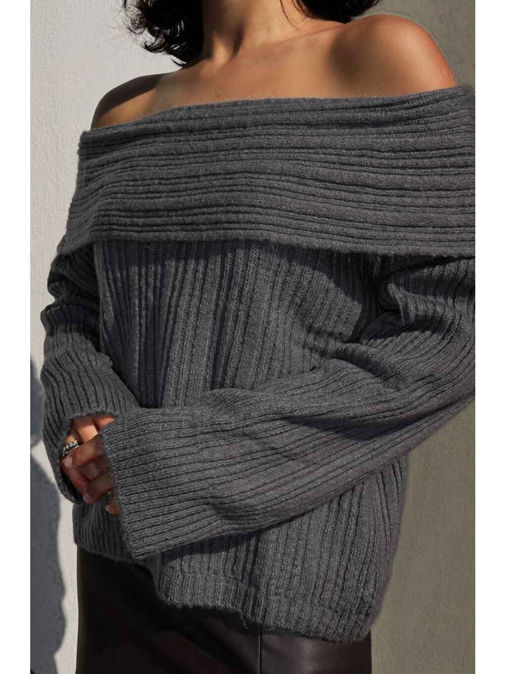 Antrasit Omzu Açık Fitilli Triko Kazak F-040-3