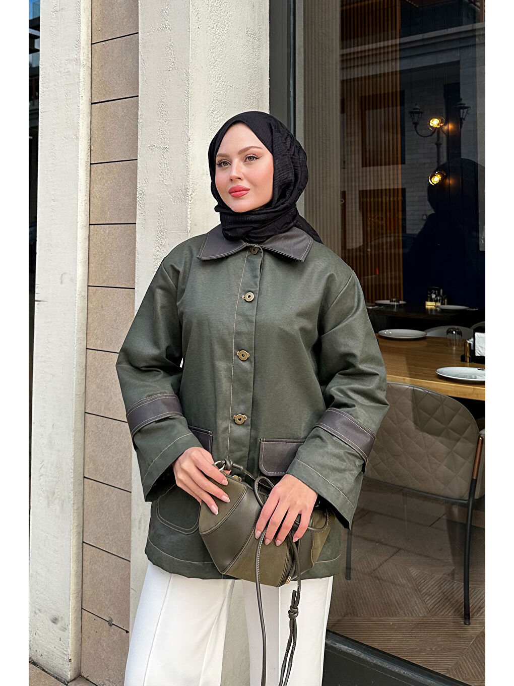 Kadın Kolları Apoletli Trenç Haki Yeşil-3