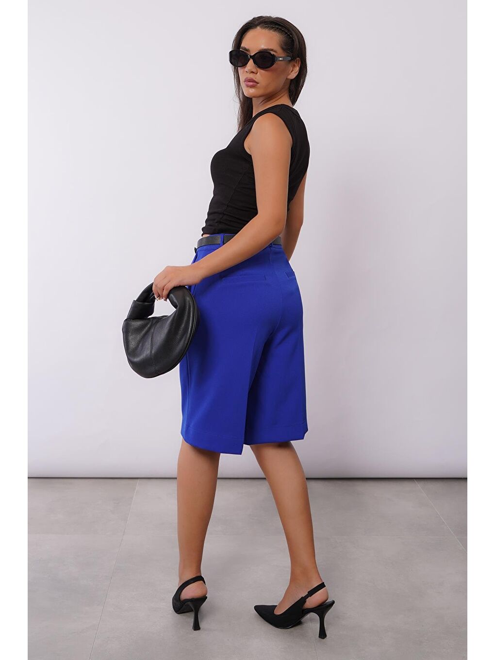 Mavi Saks Pileli Kadın Bermuda Şort Mg2483-2