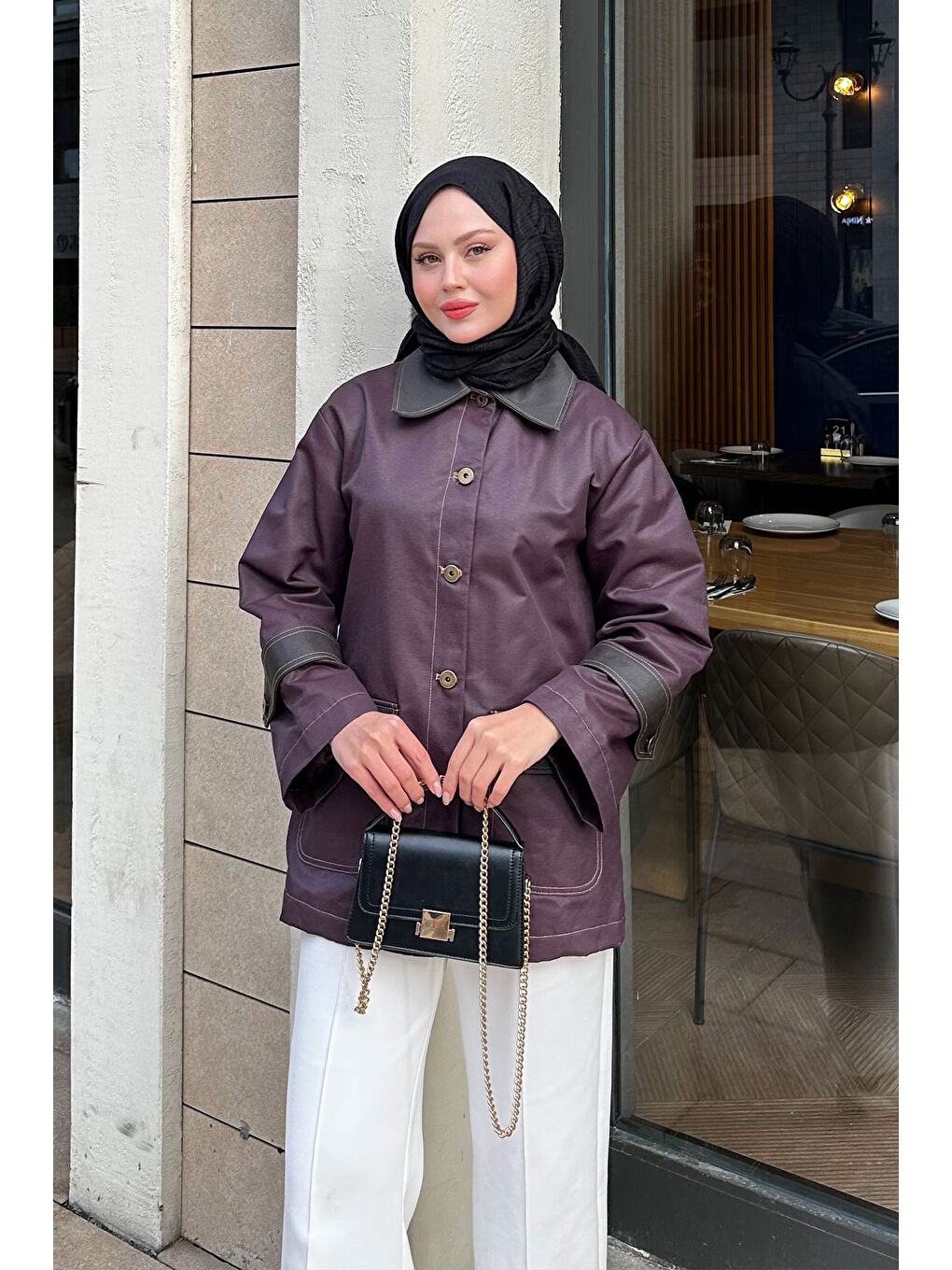 Kadın Kolları Apoletli Trenç Mürdüm-1