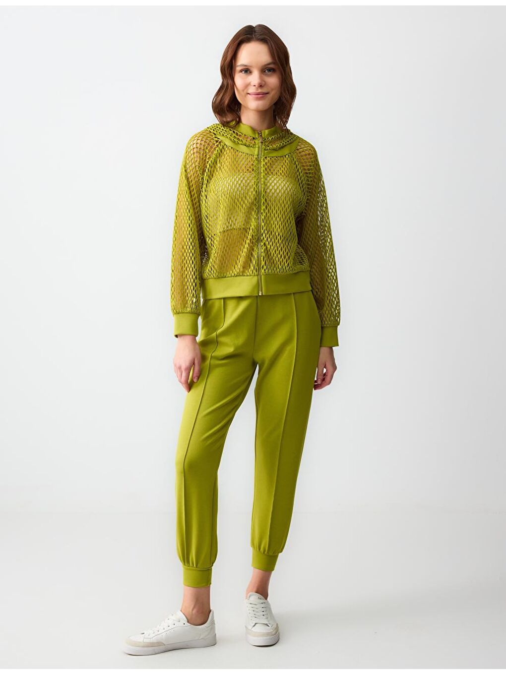 Sarı Limoni Düz Kesim Uzun Kollu Kapüşonlu Ajurlu Örme Ceket-1