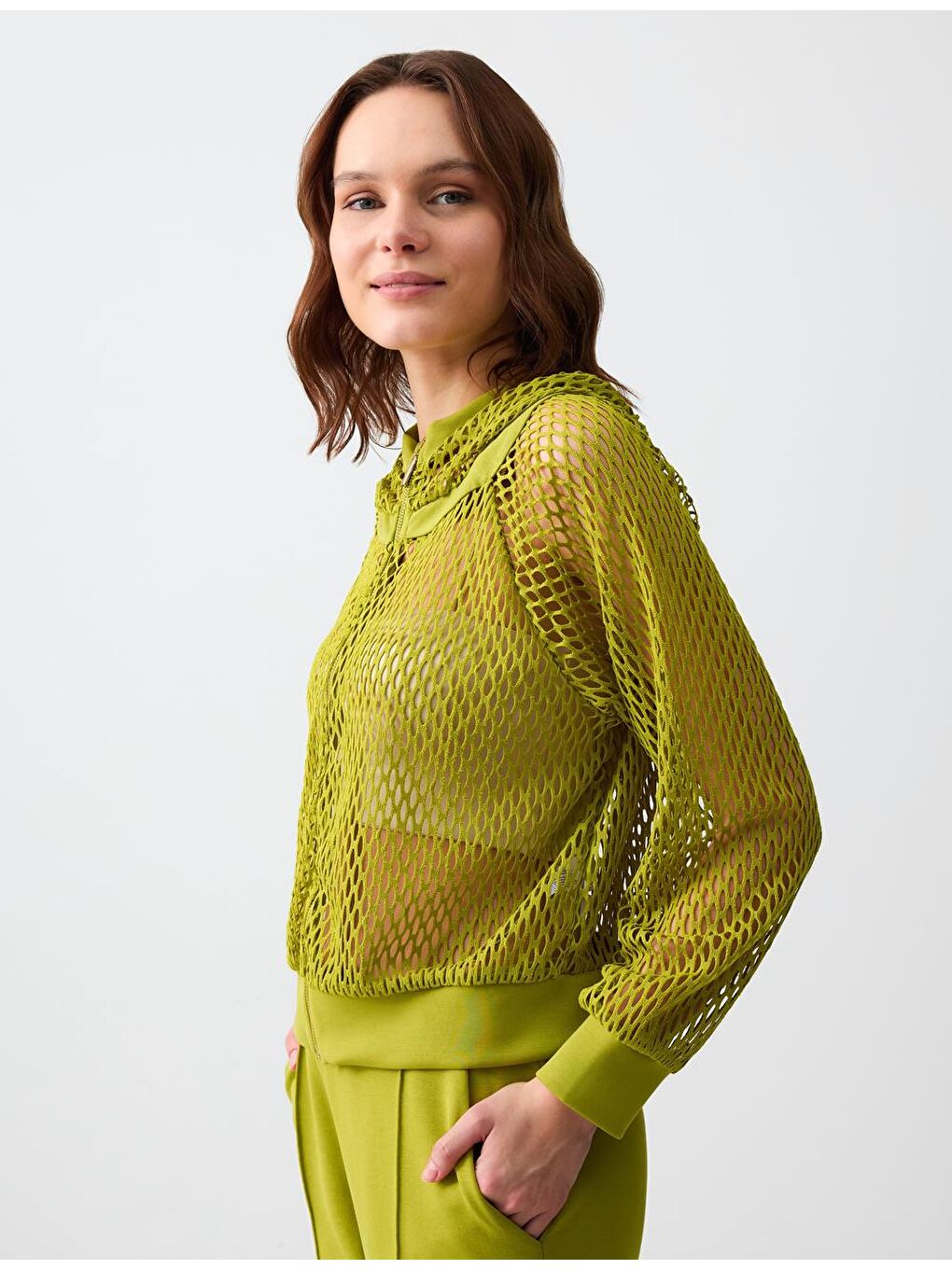 Sarı Limoni Düz Kesim Uzun Kollu Kapüşonlu Ajurlu Örme Ceket-2