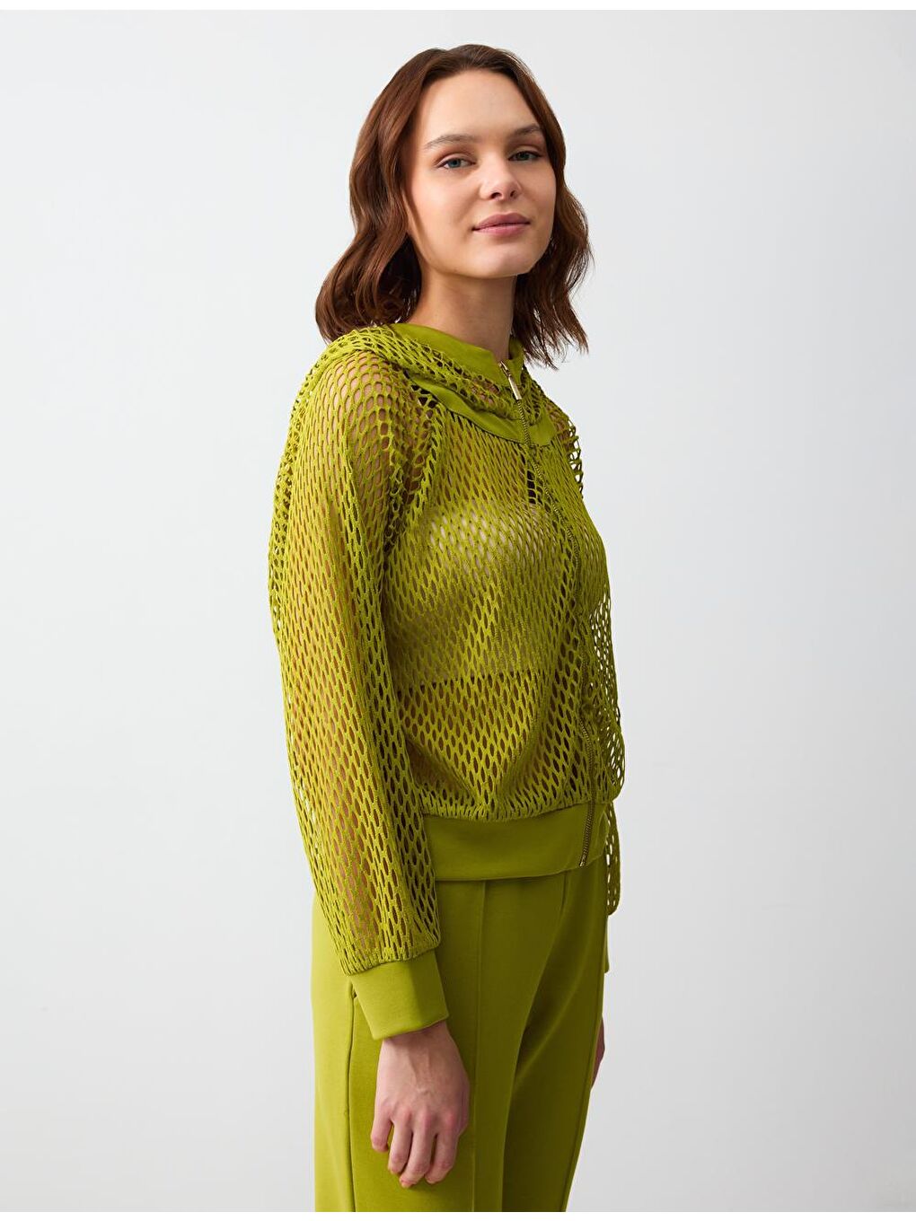 Sarı Limoni Düz Kesim Uzun Kollu Kapüşonlu Ajurlu Örme Ceket-3