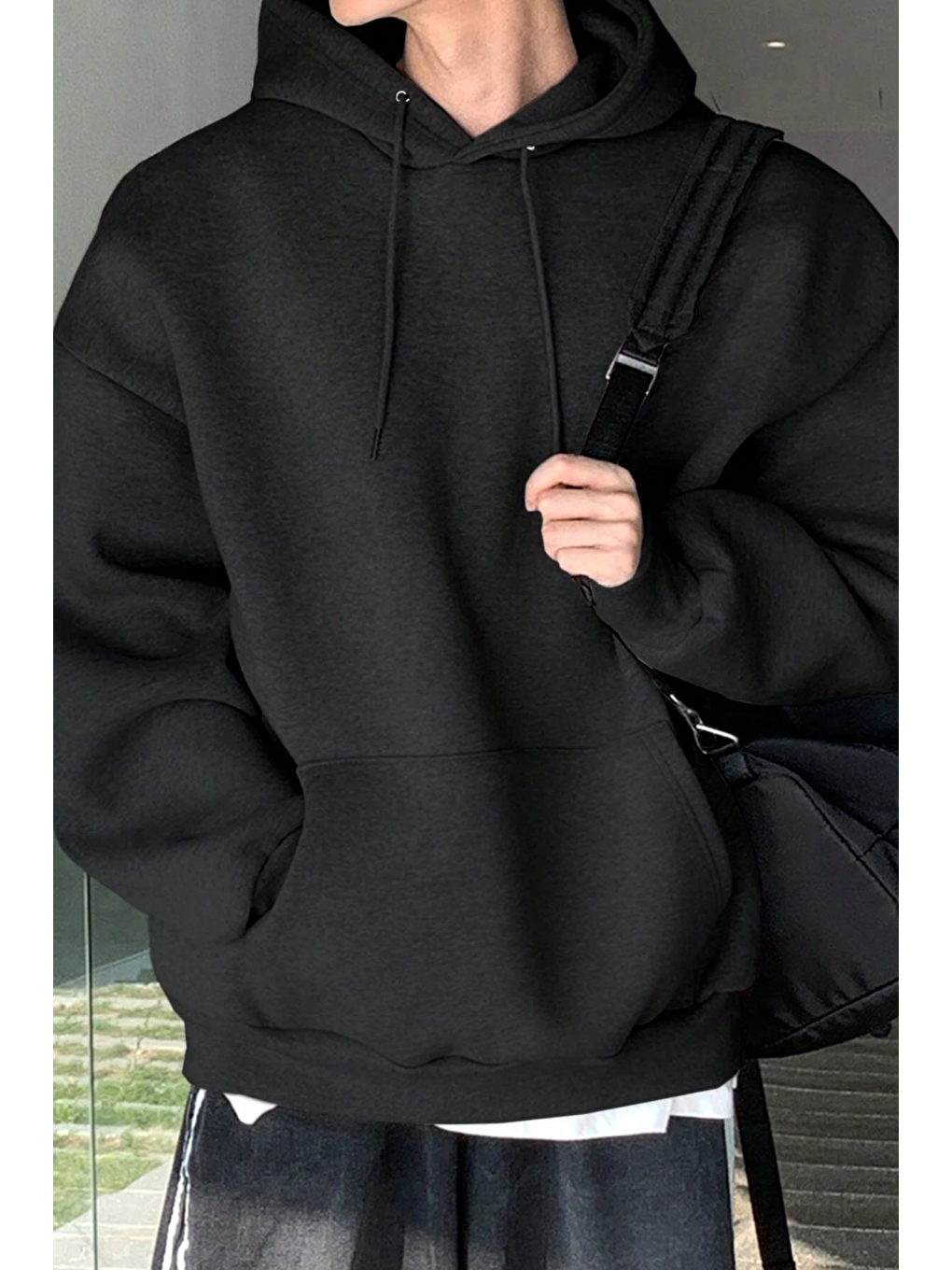 Siyah Erkek Sweatshirt Kanguru Cepli İçi Polarlı 3 İplik Kapüşonlu Oversize Sweatshirt KANGU