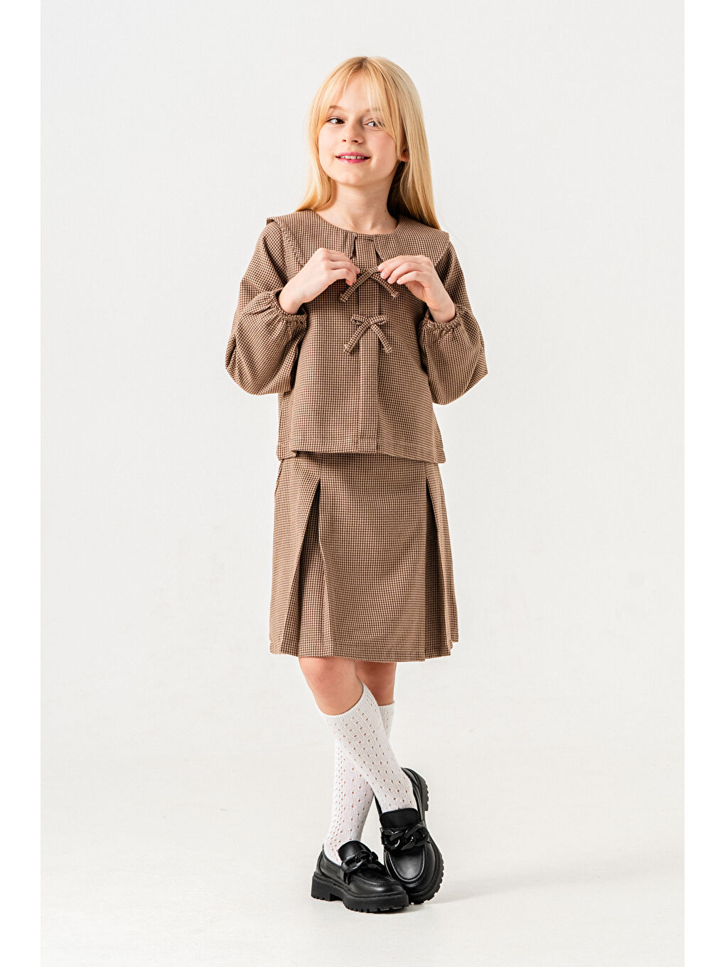 Kahverengi Kazayağı Desenli Kız Çocuk Etekli Takım 3-7 Yaş Kahve 3737-1
