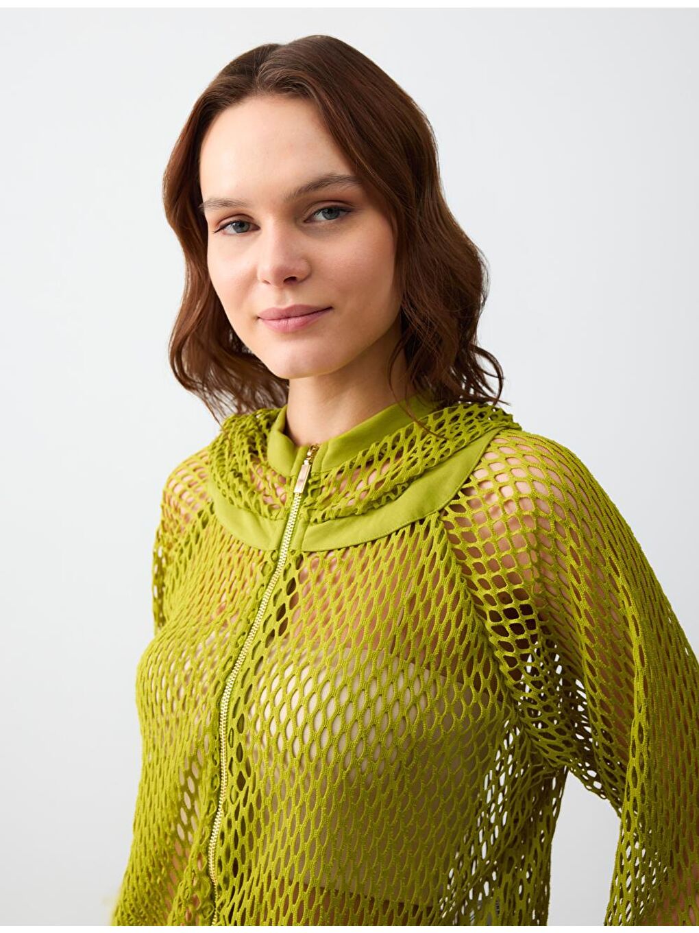 Sarı Limoni Düz Kesim Uzun Kollu Kapüşonlu Ajurlu Örme Ceket-4