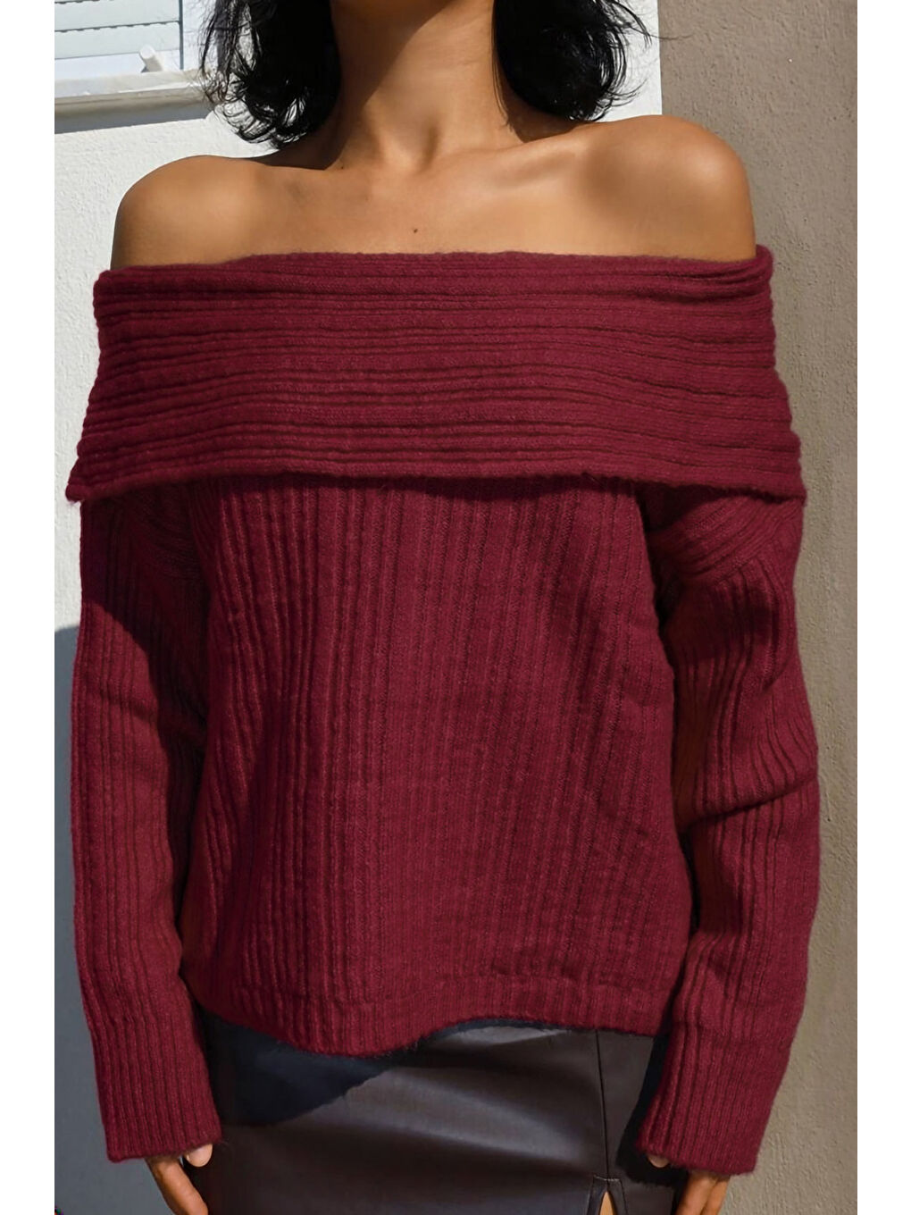 Bordo Omzu Açık Fitilli Triko Kazak F-040-3