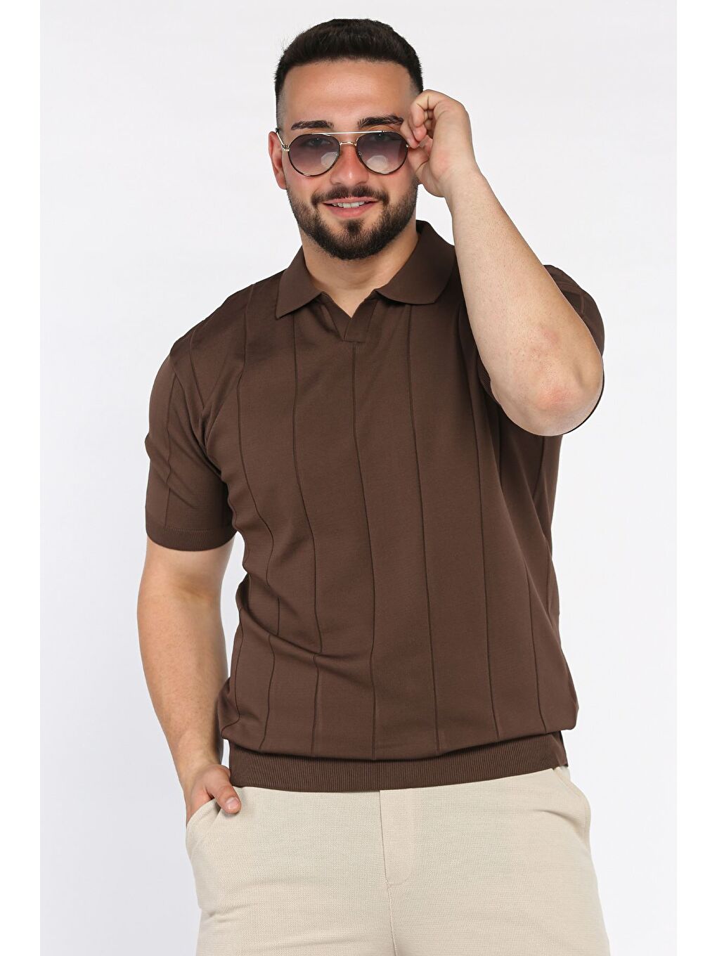 Kahverengi Erkek Polo Yaka Kendinden Çizgi Desenli Tişört