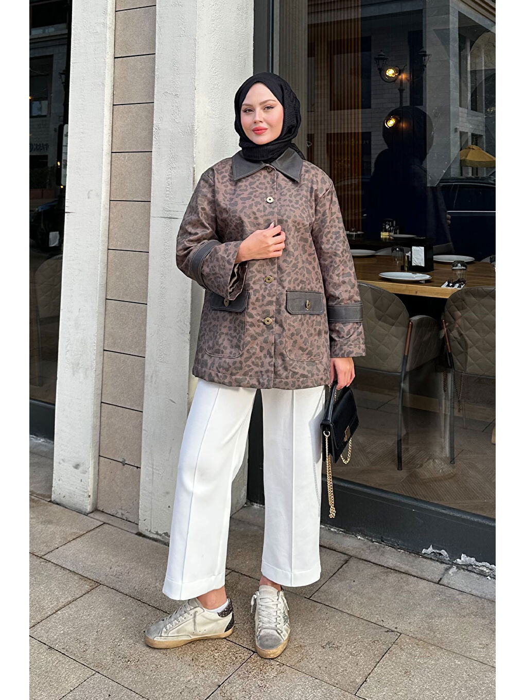 Kahverengi Kadın Kolları Apoletli Trenç Leopar-4
