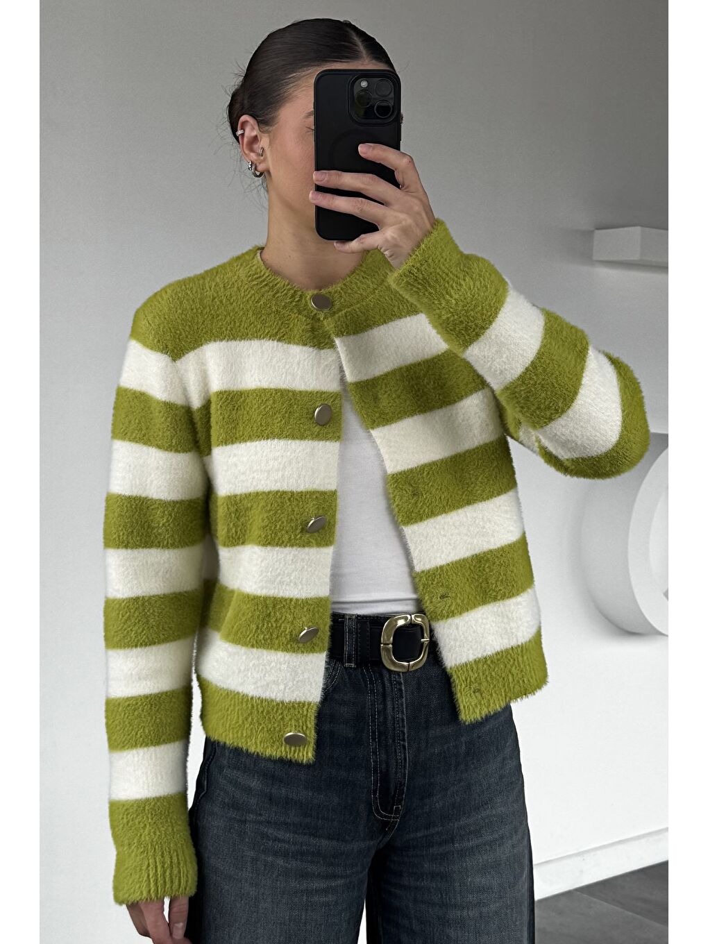 Yeşil Kadın Renk Bloklu Yumoş Triko Ceket (s-m-l Beden Uyumludur.)-1