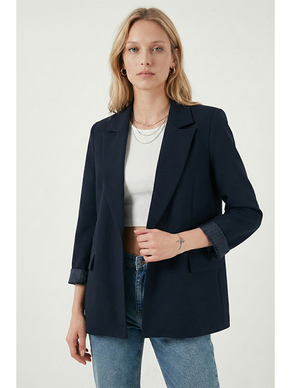 Lacivert Regular Fit Kruvaze Yaka Desenli Astar Detaylı Kadın Ceket 6927560-4