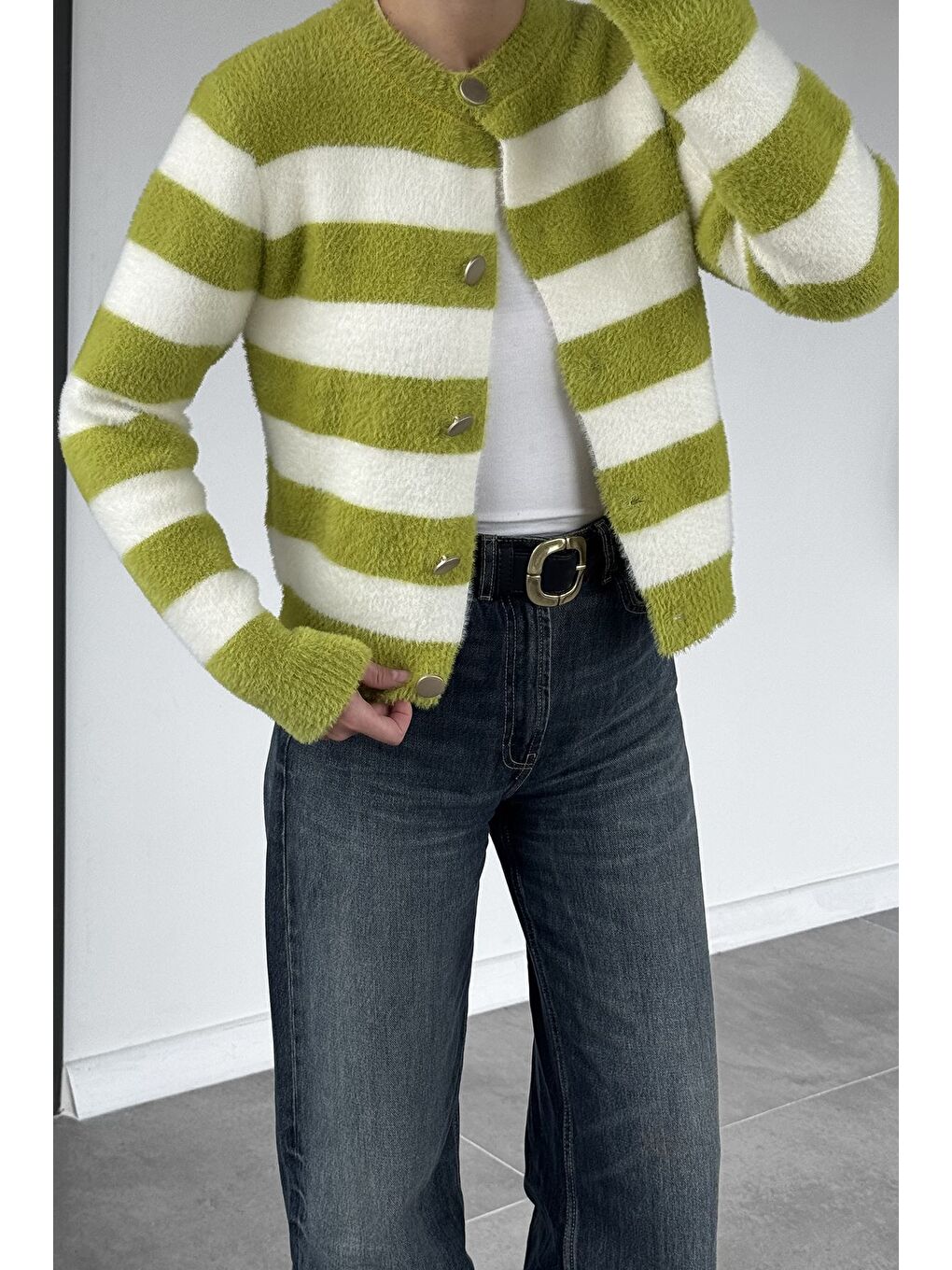 Yeşil Kadın Renk Bloklu Yumoş Triko Ceket (s-m-l Beden Uyumludur.)-2