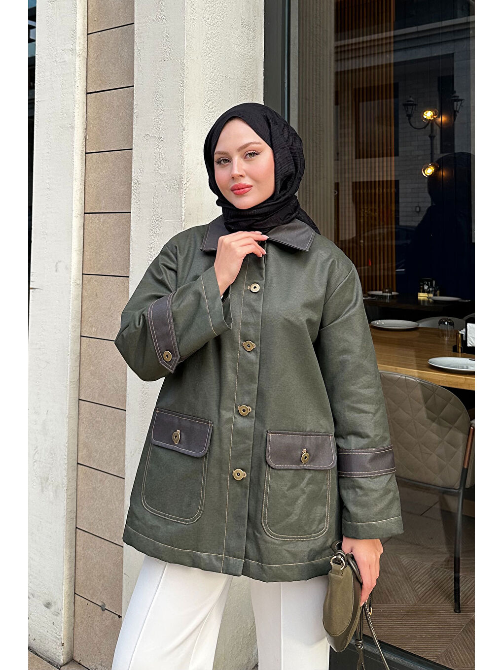 Kadın Kolları Apoletli Trenç Haki Yeşil-4