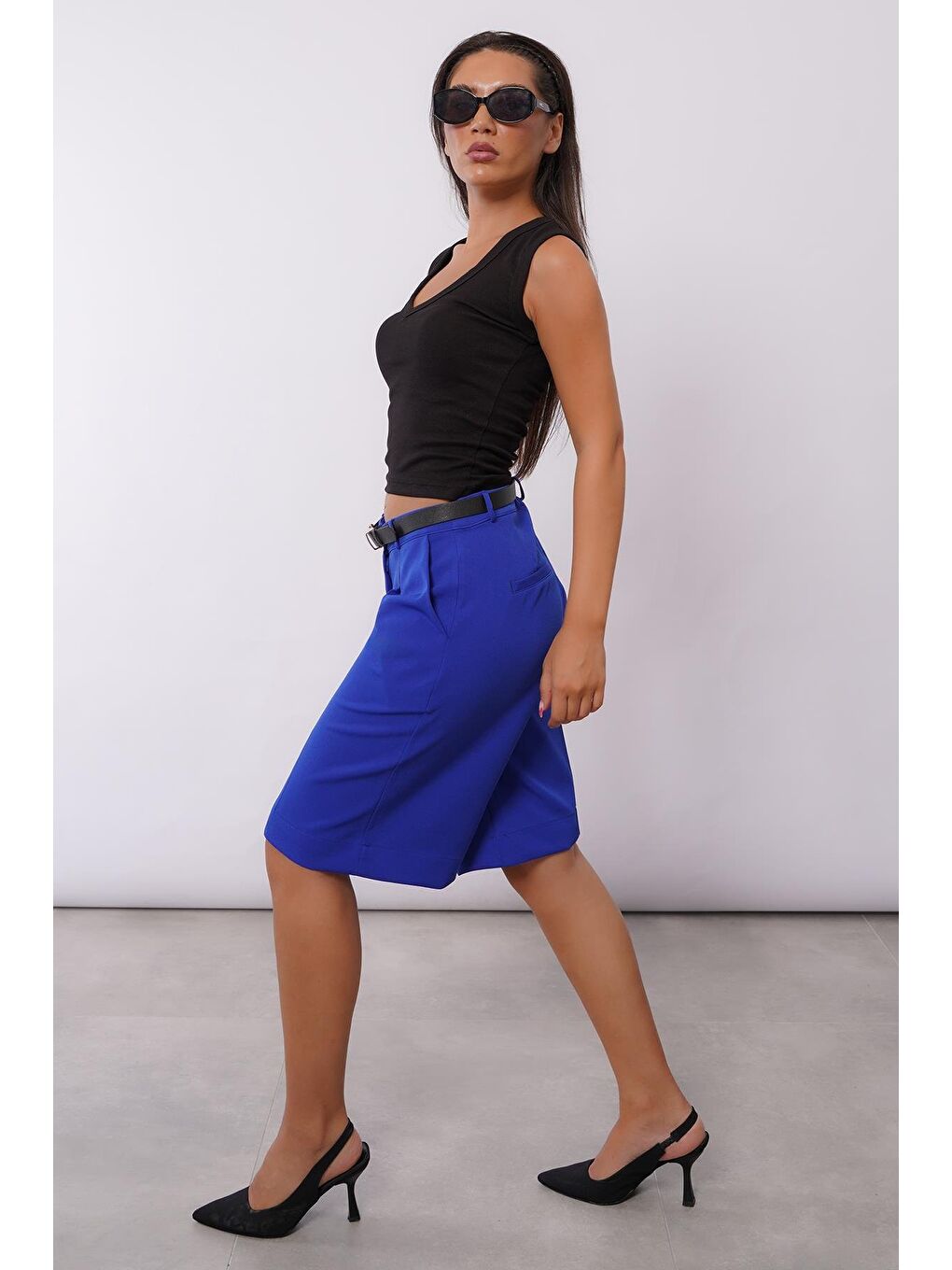 Mavi Saks Pileli Kadın Bermuda Şort Mg2483-3