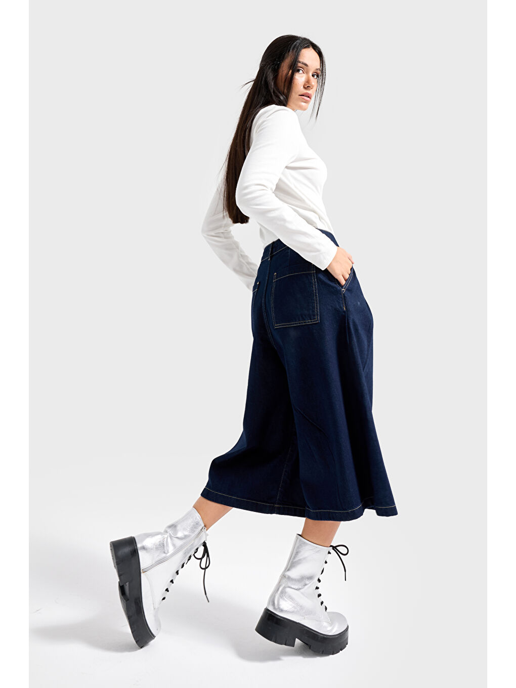 Kadın İndigo Renk 7s6-50 Baggy Fit Pileli Uzun Denim Bermuda Jean-3