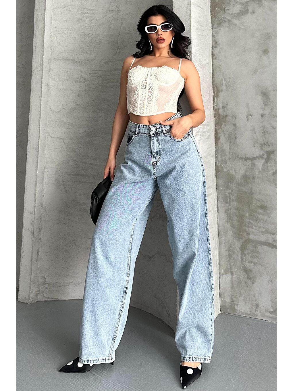 Kar Yıkamalı Baggy Jean Pantolon Buz Mavi - 27269-1