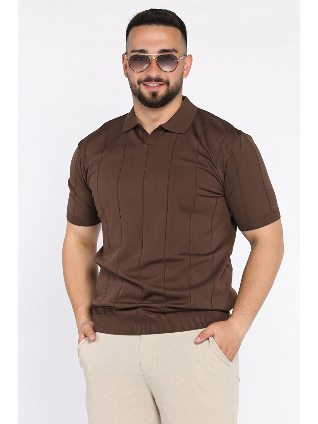 Kahverengi Erkek Polo Yaka Kendinden Çizgi Desenli Tişört-1