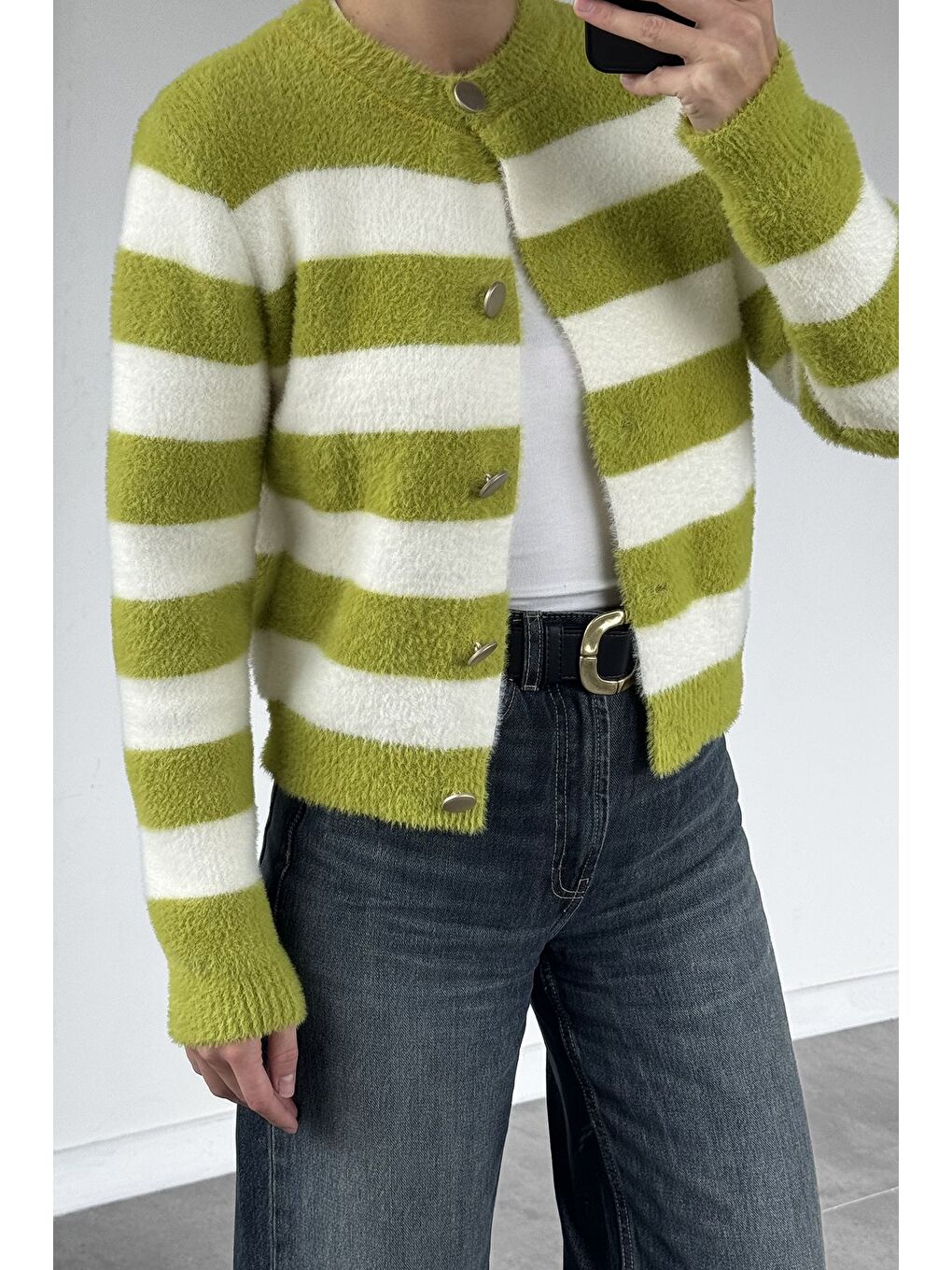 Yeşil Kadın Renk Bloklu Yumoş Triko Ceket (s-m-l Beden Uyumludur.)-4