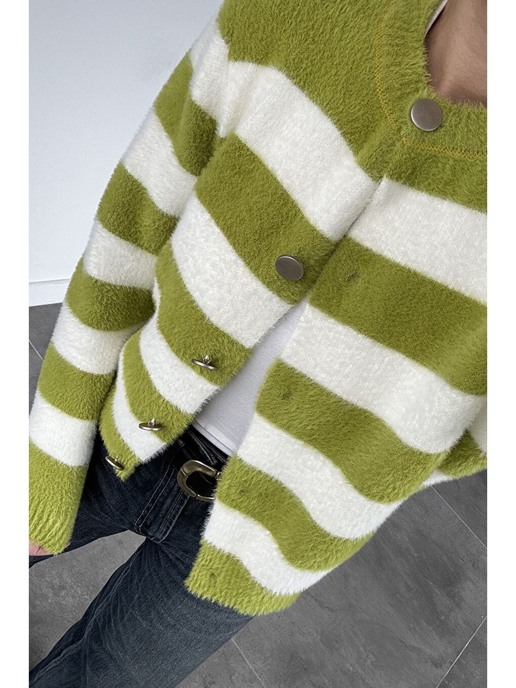 Yeşil Kadın Renk Bloklu Yumoş Triko Ceket (s-m-l Beden Uyumludur.)-5