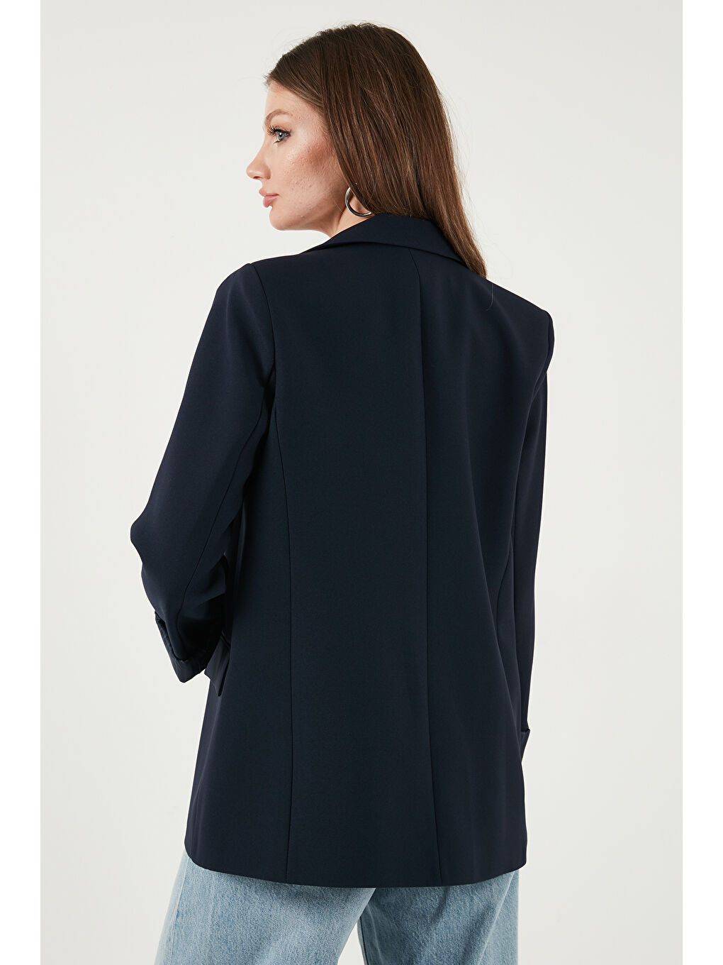 Lacivert Regular Fit Kruvaze Yaka Desenli Astar Detaylı Kadın Ceket 6927560-6