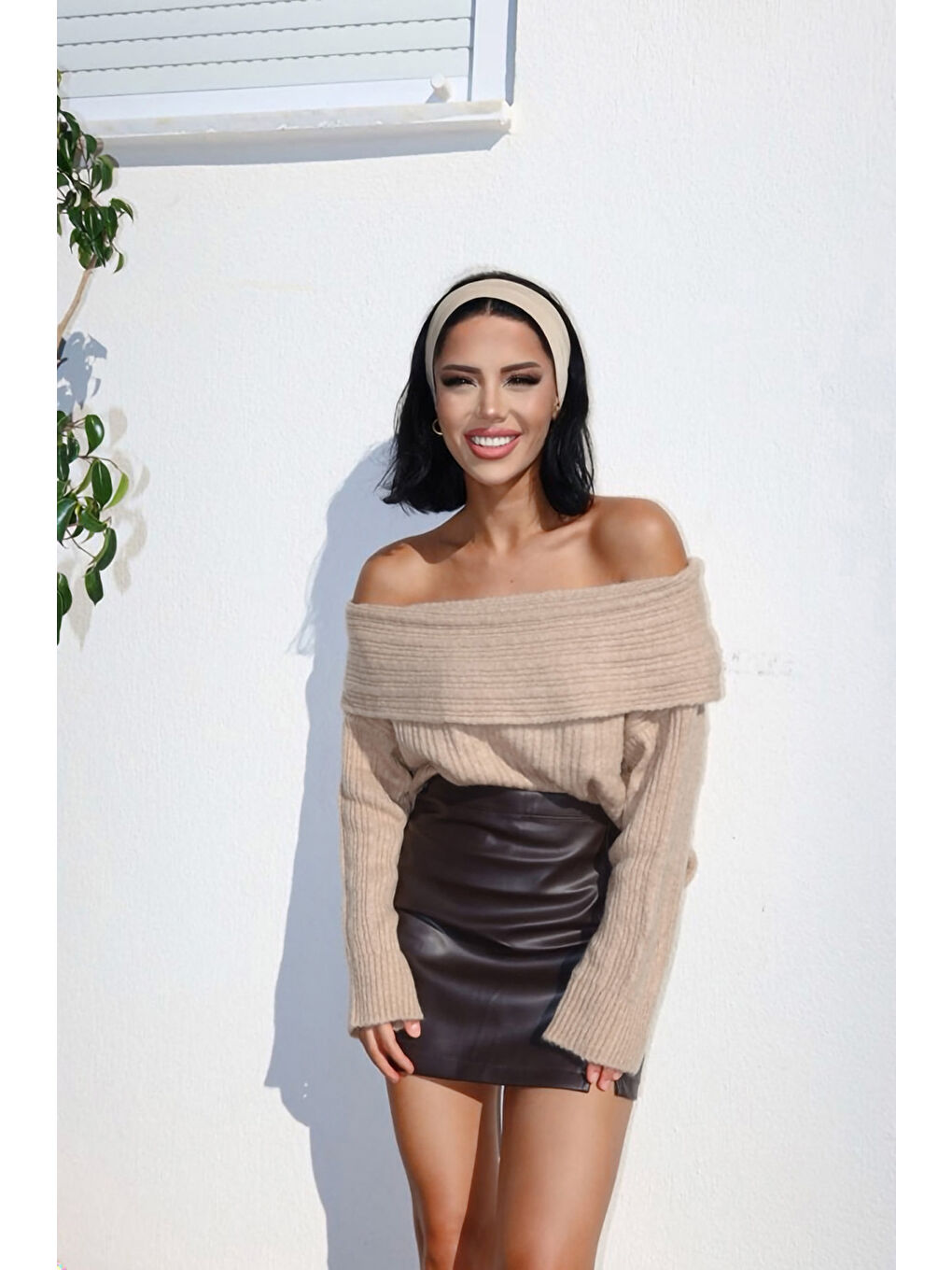 Bej Omzu Açık Fitilli Triko Kazak F-040-1