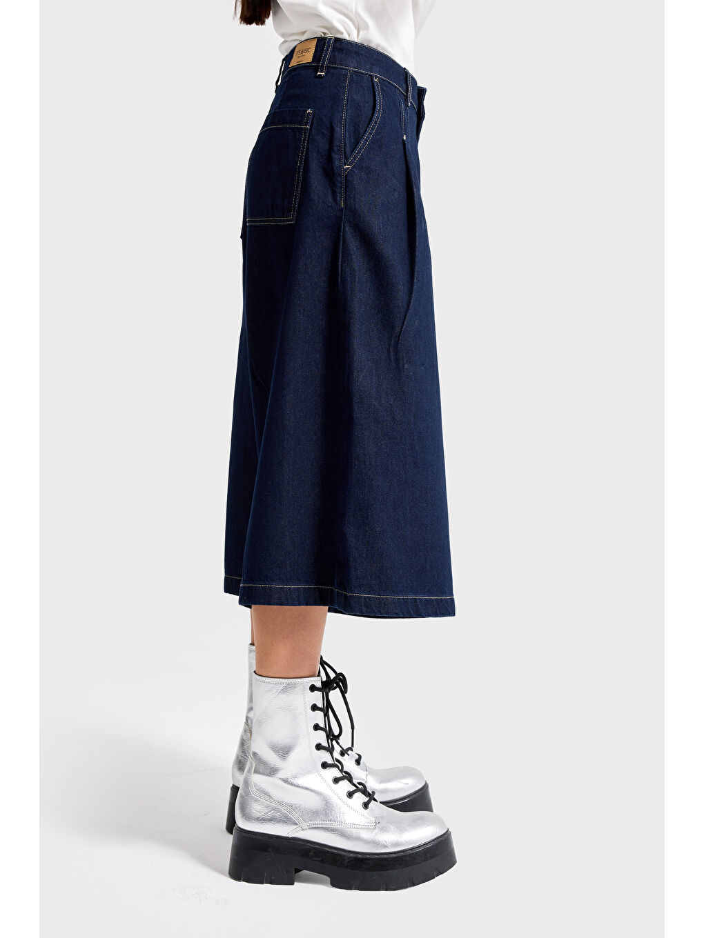 Kadın İndigo Renk 7s6-50 Baggy Fit Pileli Uzun Denim Bermuda Jean-4