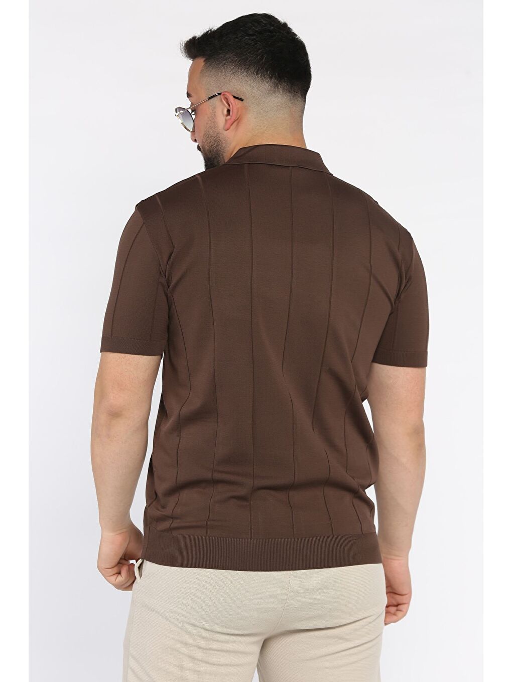 Kahverengi Erkek Polo Yaka Kendinden Çizgi Desenli Tişört-2