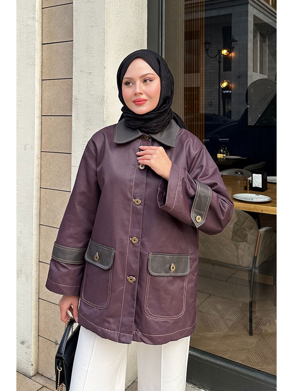 Kadın Kolları Apoletli Trenç Mürdüm-3