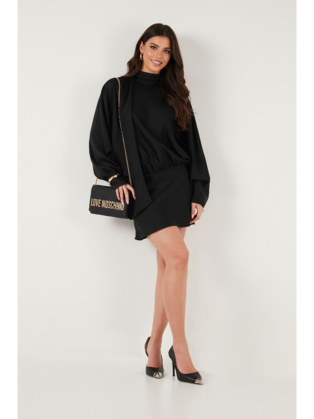 Siyah Standart Fit Bağlamalı Dik Yaka Saten Kadın Elbise 59135520-3