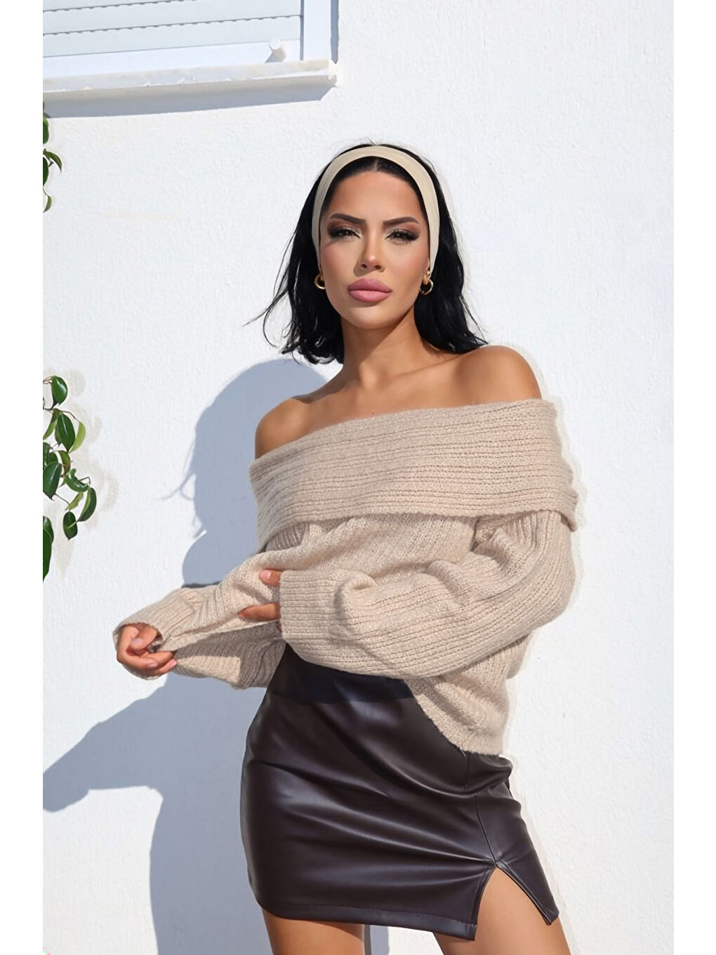 Bej Omzu Açık Fitilli Triko Kazak F-040-2