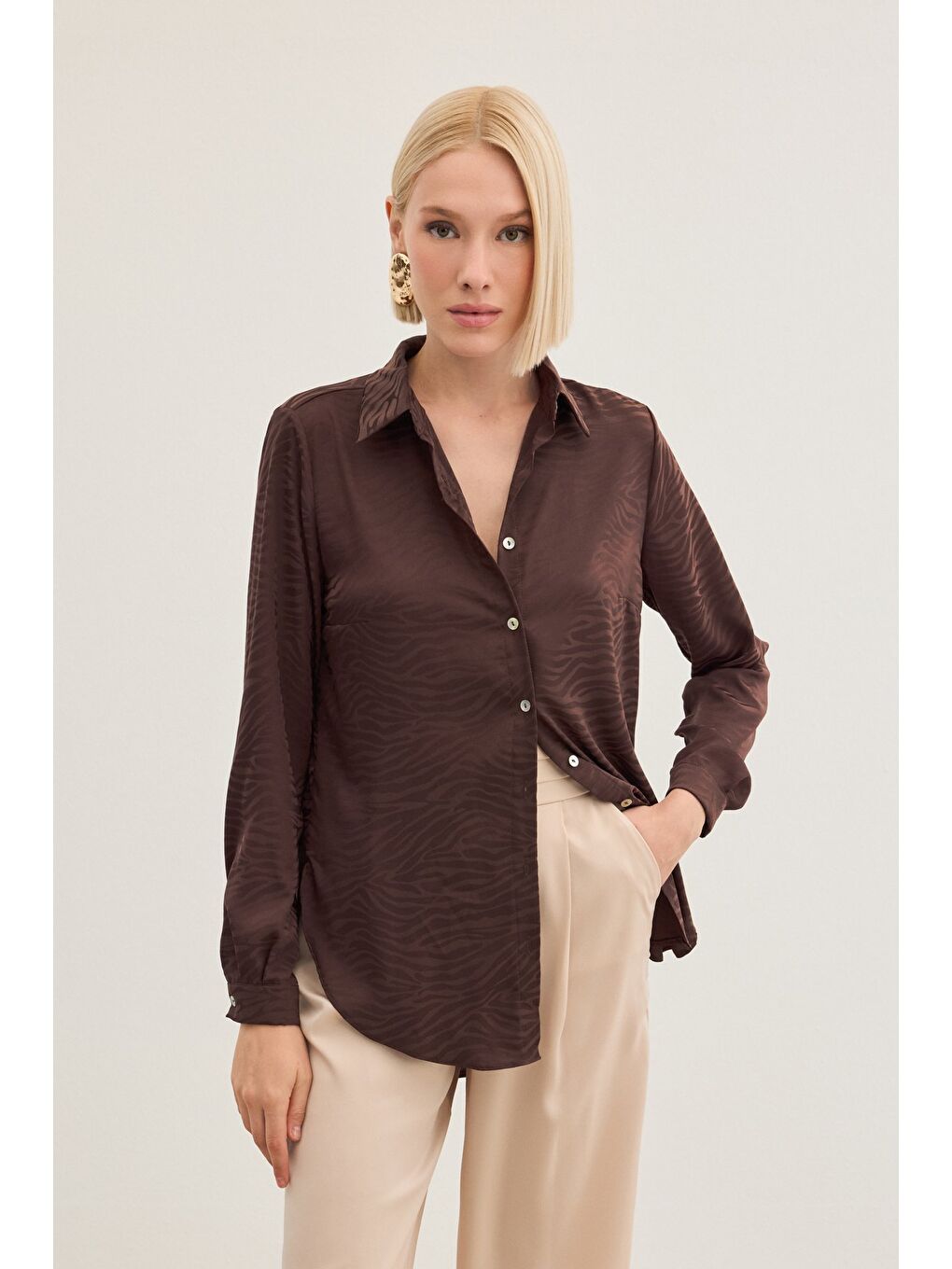 Kahverengi Zebra Desenli Gömlek - Kahve-1