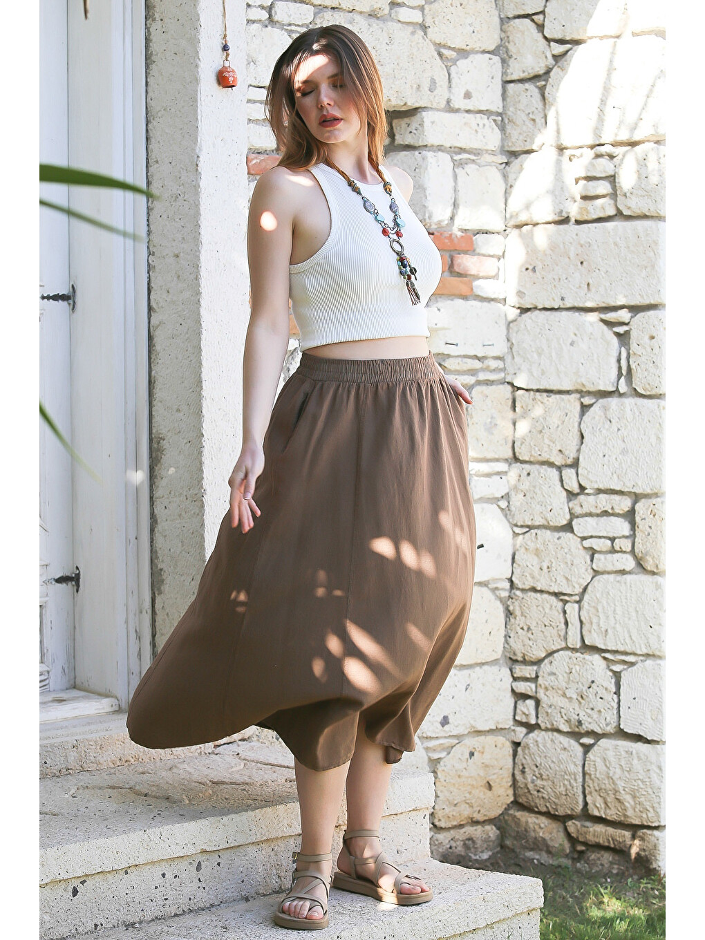 Kahverengi Açık Kahve Gizli Cepli Yıkamalı Lastikli Bel Casual Midi Boy Dokuma Etek 90 66