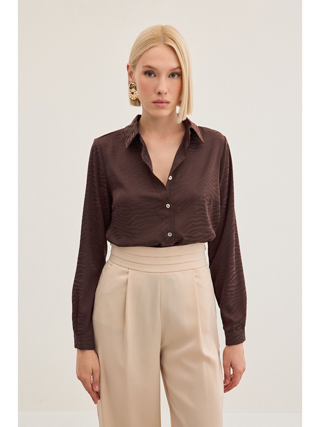 Kahverengi Zebra Desenli Gömlek - Kahve-2