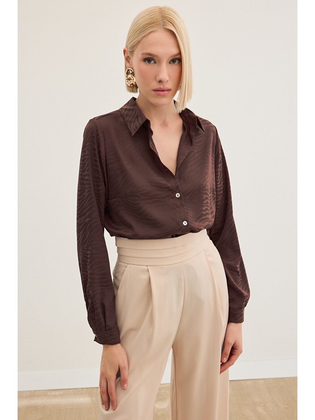 Kahverengi Zebra Desenli Gömlek - Kahve-3