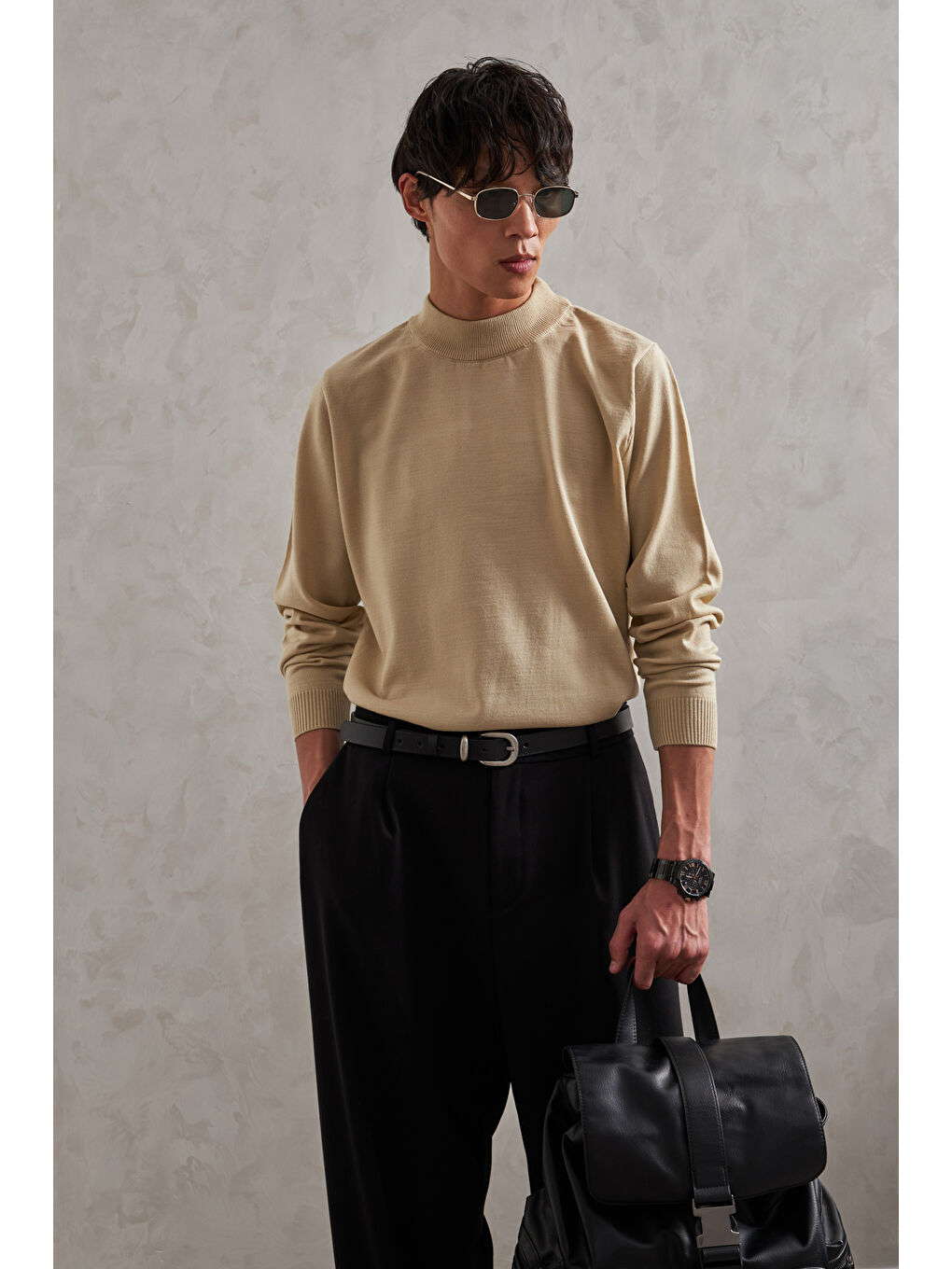 Ekru Erkek Yarım Balıkçı Oversize Basıc Triko Kazak-1