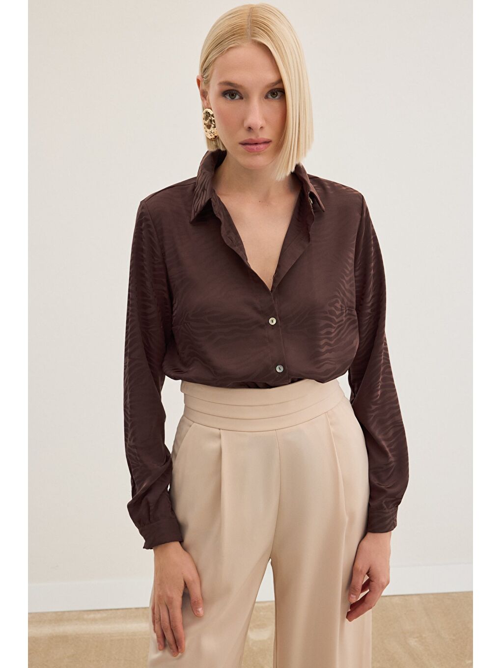 Kahverengi Zebra Desenli Gömlek - Kahve-4