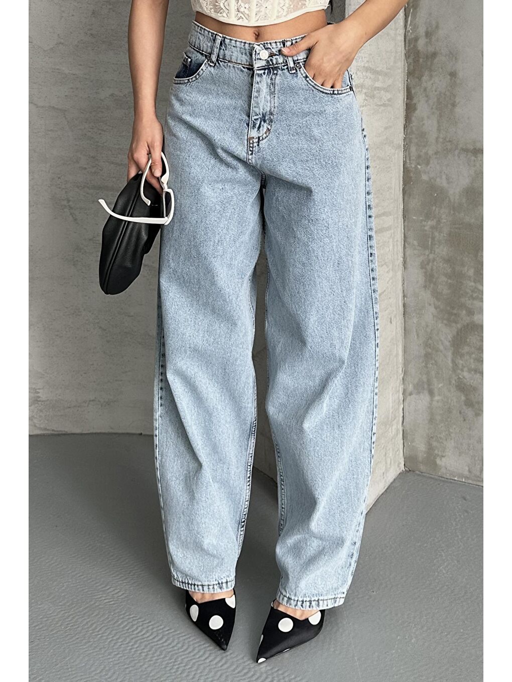 Kar Yıkamalı Baggy Jean Pantolon Buz Mavi - 27269-3