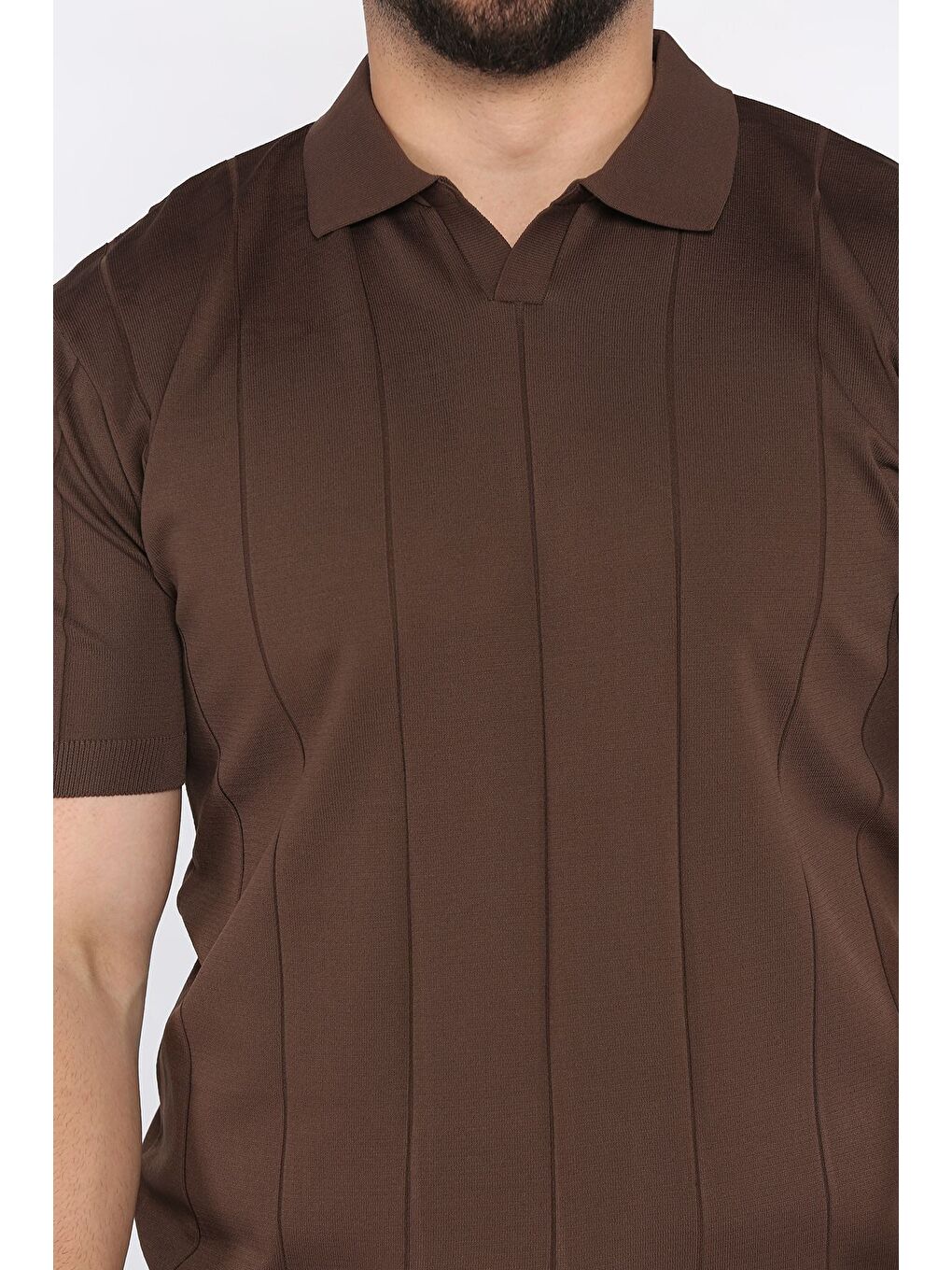 Kahverengi Erkek Polo Yaka Kendinden Çizgi Desenli Tişört-3