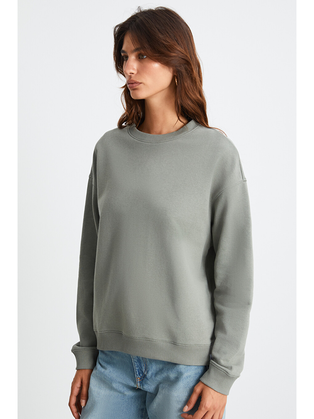 Maıja Kadın Bisiklet Yaka İçi Polarlı Oversize Fit Basic Açık Haki Sweatshirt-4