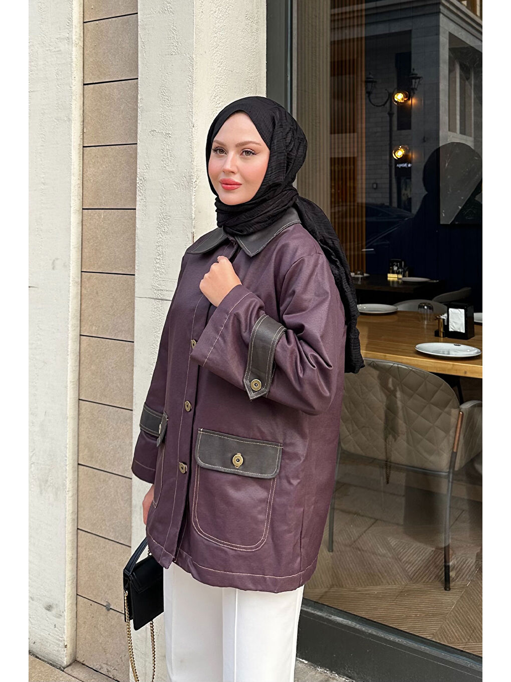 Kadın Kolları Apoletli Trenç Mürdüm-4