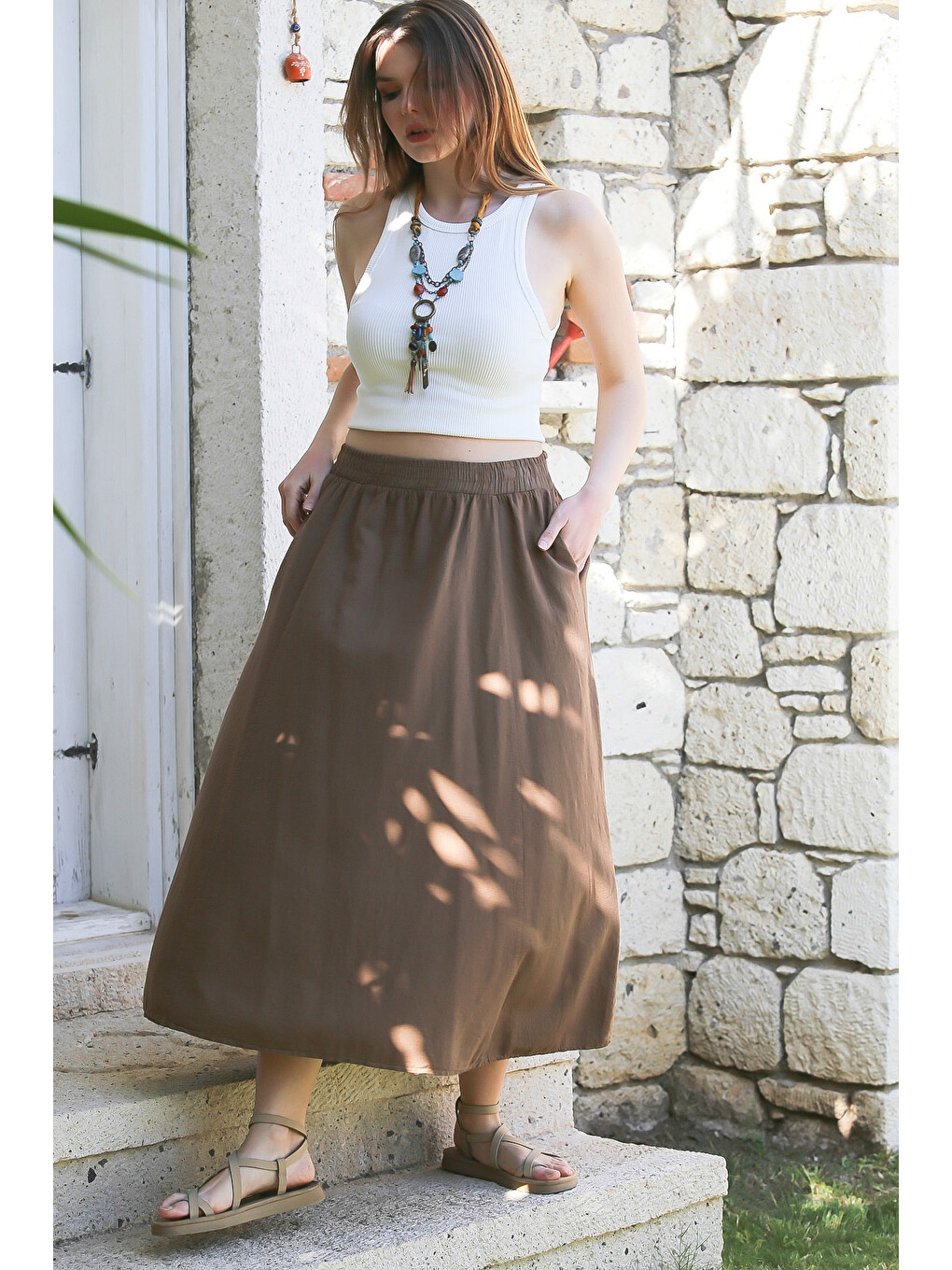 Kahverengi Açık Kahve Gizli Cepli Yıkamalı Lastikli Bel Casual Midi Boy Dokuma Etek 90 66-3
