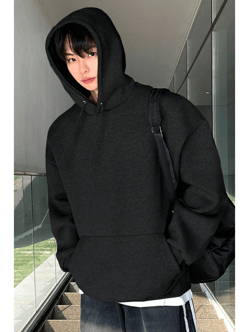 Siyah Erkek Sweatshirt Kanguru Cepli İçi Polarlı 3 İplik Kapüşonlu Oversize Sweatshirt KANGU-1
