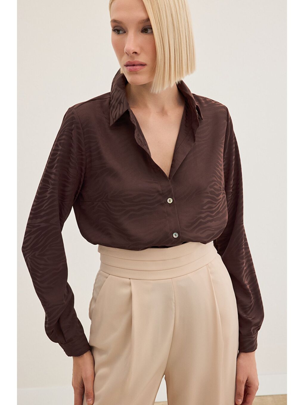 Kahverengi Zebra Desenli Gömlek - Kahve-5