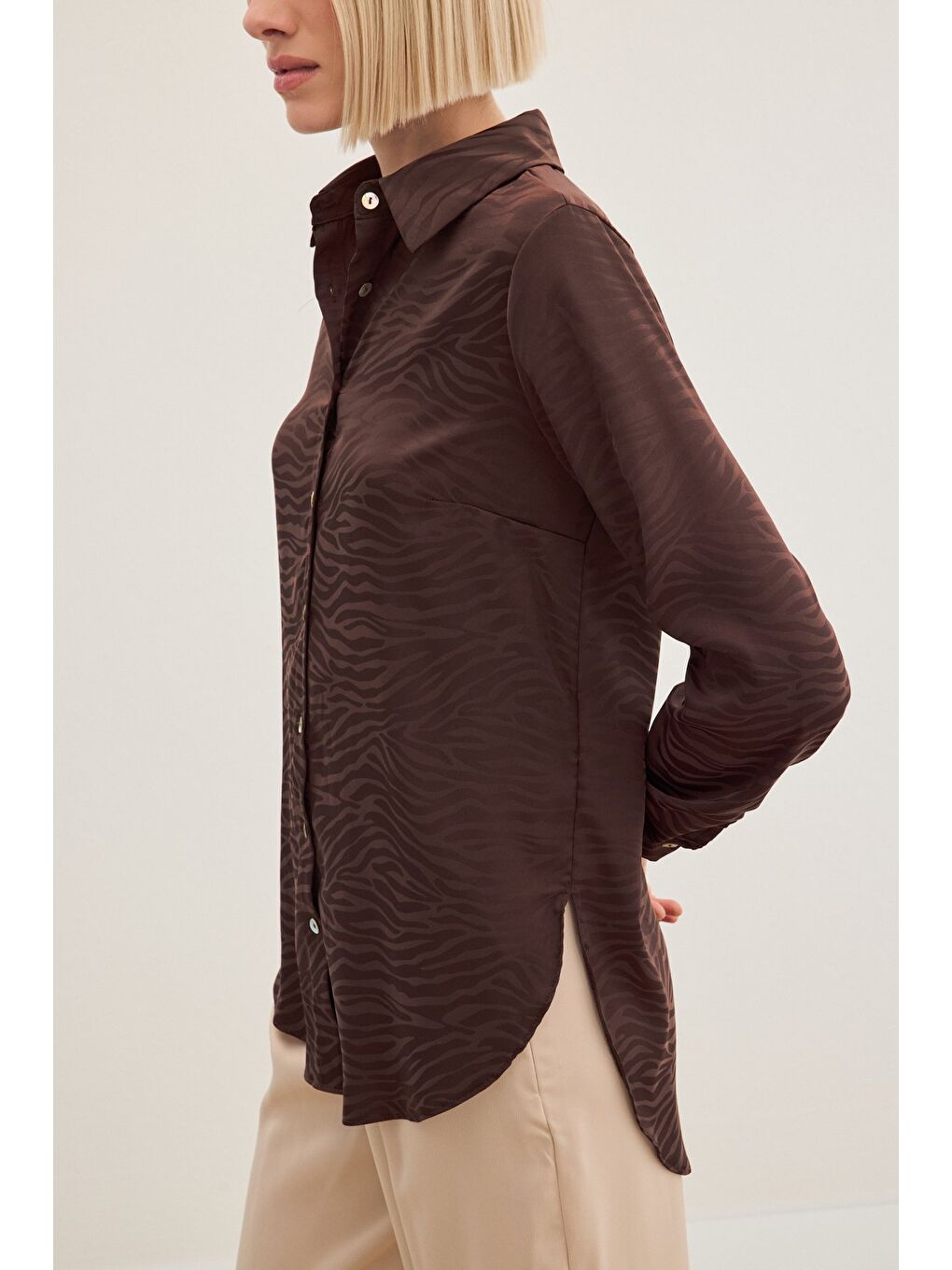 Kahverengi Zebra Desenli Gömlek - Kahve-6