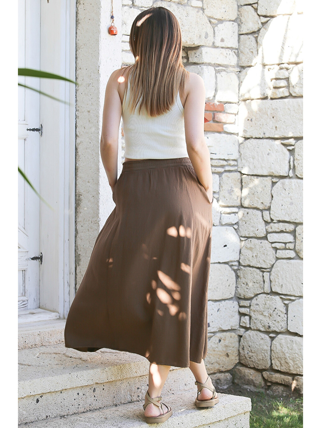 Kahverengi Açık Kahve Gizli Cepli Yıkamalı Lastikli Bel Casual Midi Boy Dokuma Etek 90 66-5