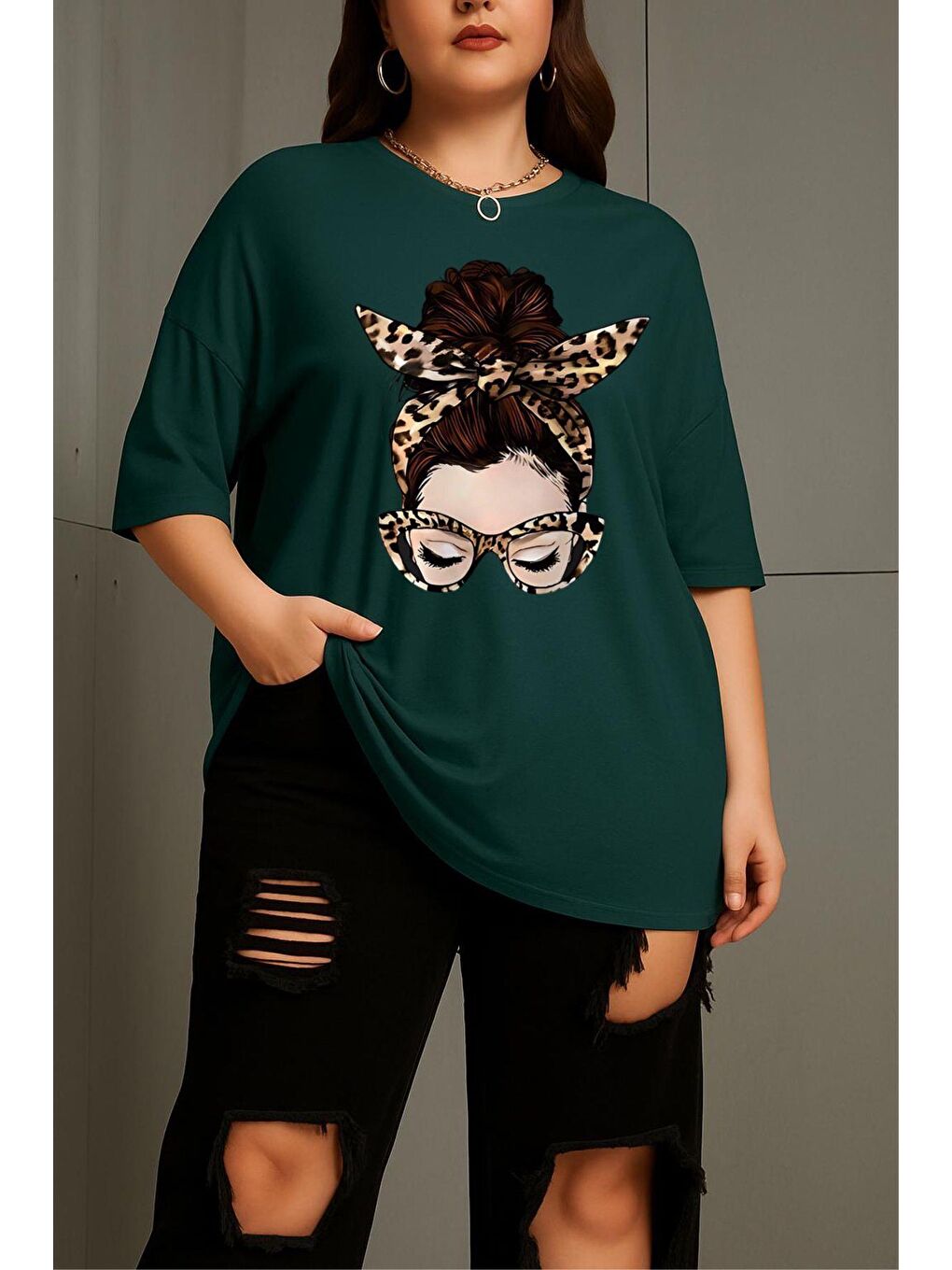 Yeşil Ceny Kadın Büyük Beden Battal Baskılı Bisiklet Yaka Pamuklu T-Shirt Rahat Kesim Unisex Sevgili Kombi