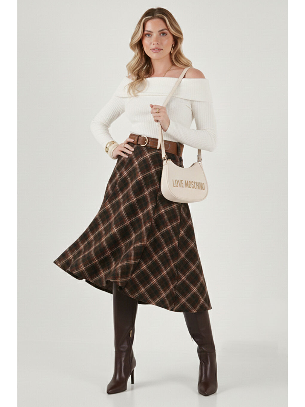 Kahverengi Pamuk Karışımlı Kemerli Cepli Kadın Midi Etek 6833365-2