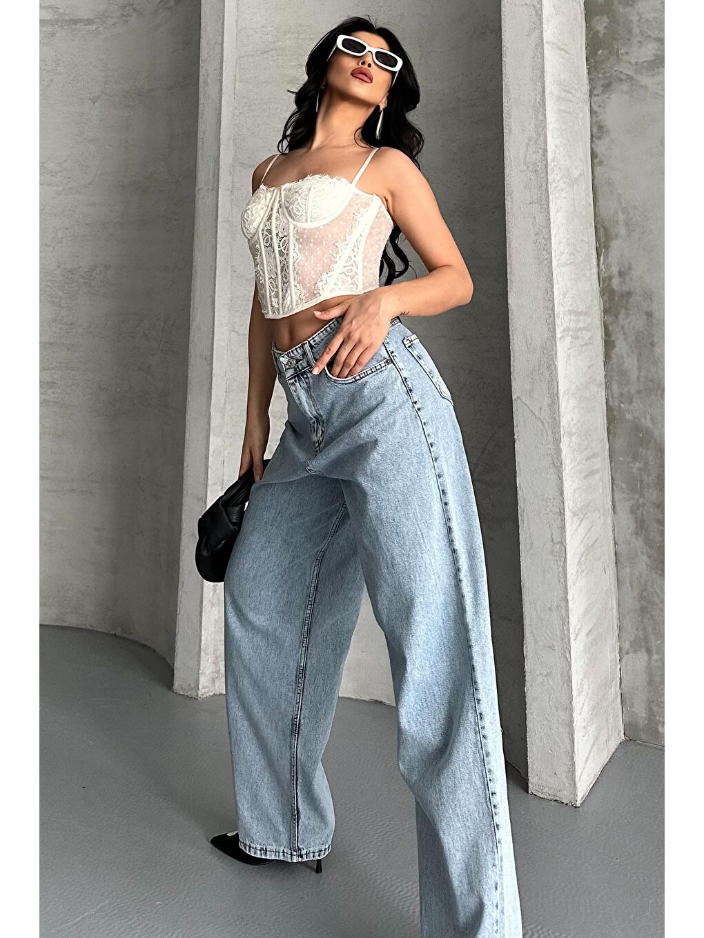 Kar Yıkamalı Baggy Jean Pantolon Buz Mavi - 27269-4